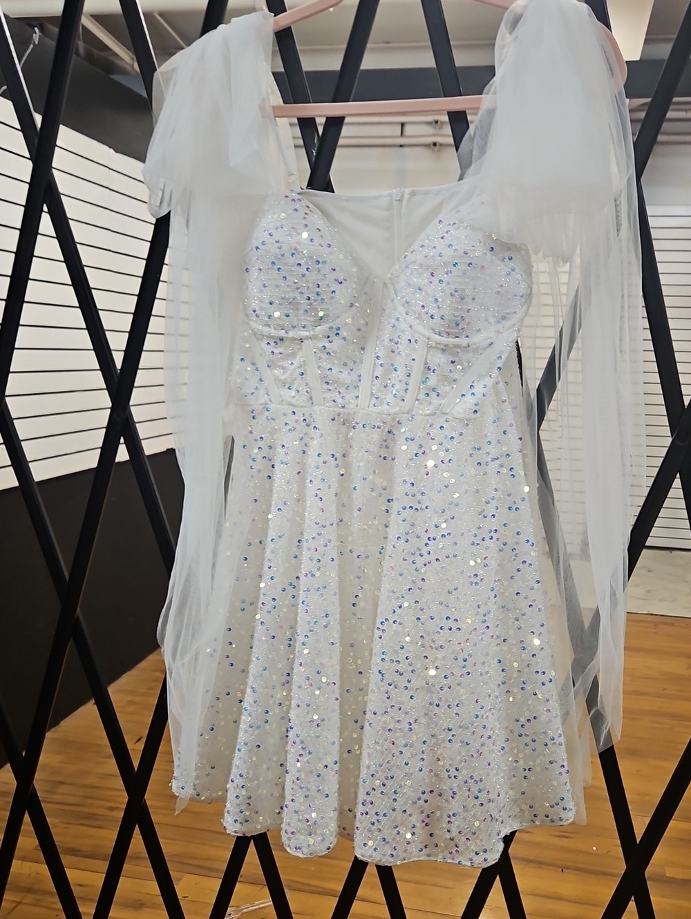 SHEIN White Sequin Mini Dress with Tulle Sleeves